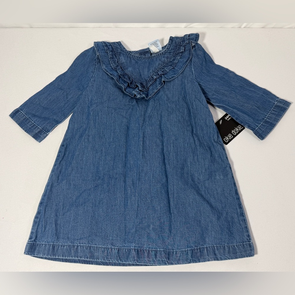 Okie Dokie Baby Girl Denim Dress & Bloomers 24M Chambray Ruffle Outfit NWT